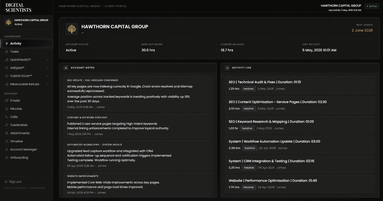 WorkFlowCommand — Digital Scientists® client portal dashboard